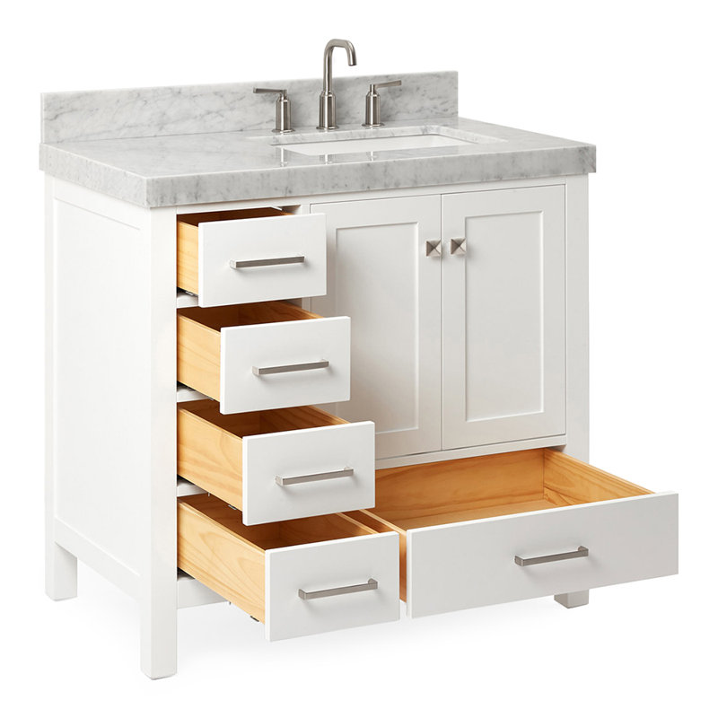 Ariel Cambridge 36 In. Right Offset Vanity With 2 In. Carrara Marble Countertop, White, Brushed Nickel