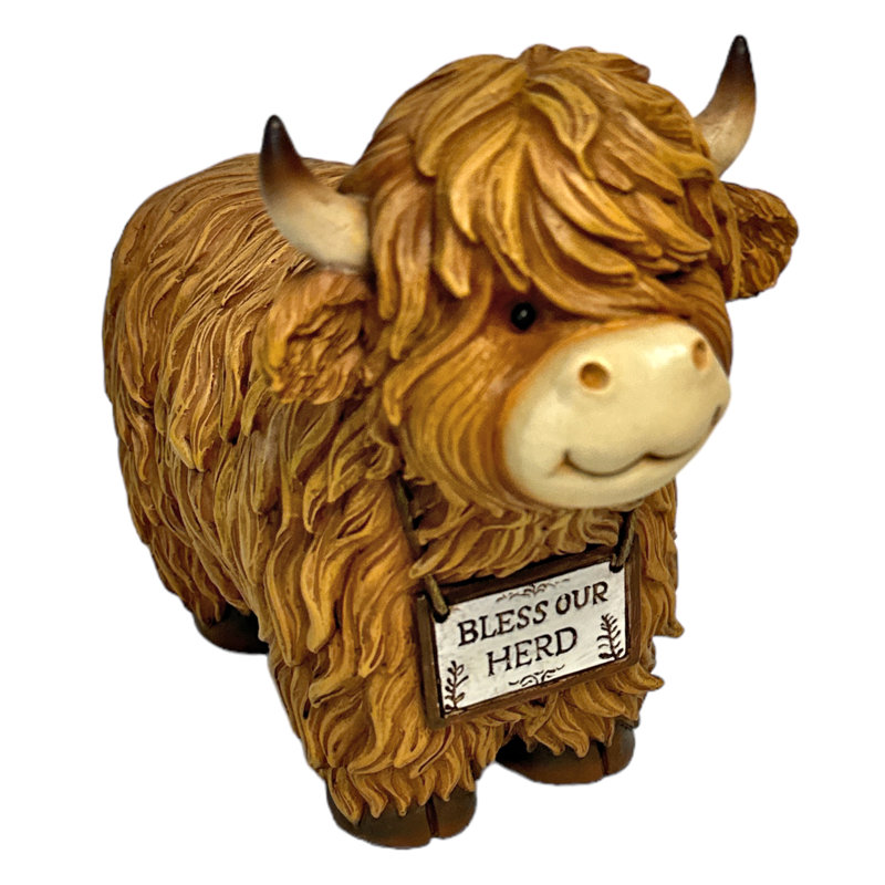 Polyresin Brown Highland Cow Bless Our Herd Farmhouse Country Freestanding Tabletop Figurine