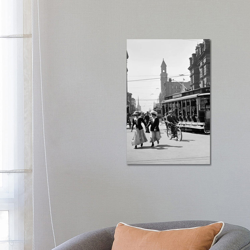 1900s-1910s-1912 Street Scene Pedestrians And Streetcar Detroit Michigan USA - Wrapped Canvas Print