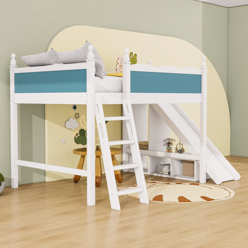 Loft Bed With Storage Shelves And Cabinet, Full, Blue / White