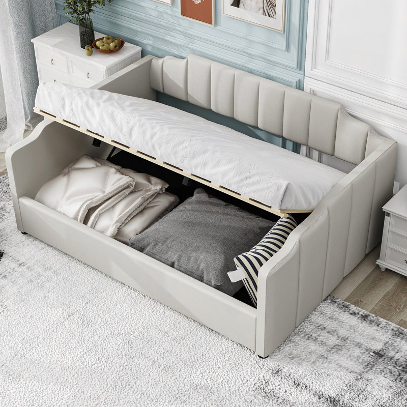 Lit de jour rembourré avec rangement inférieur, Beige