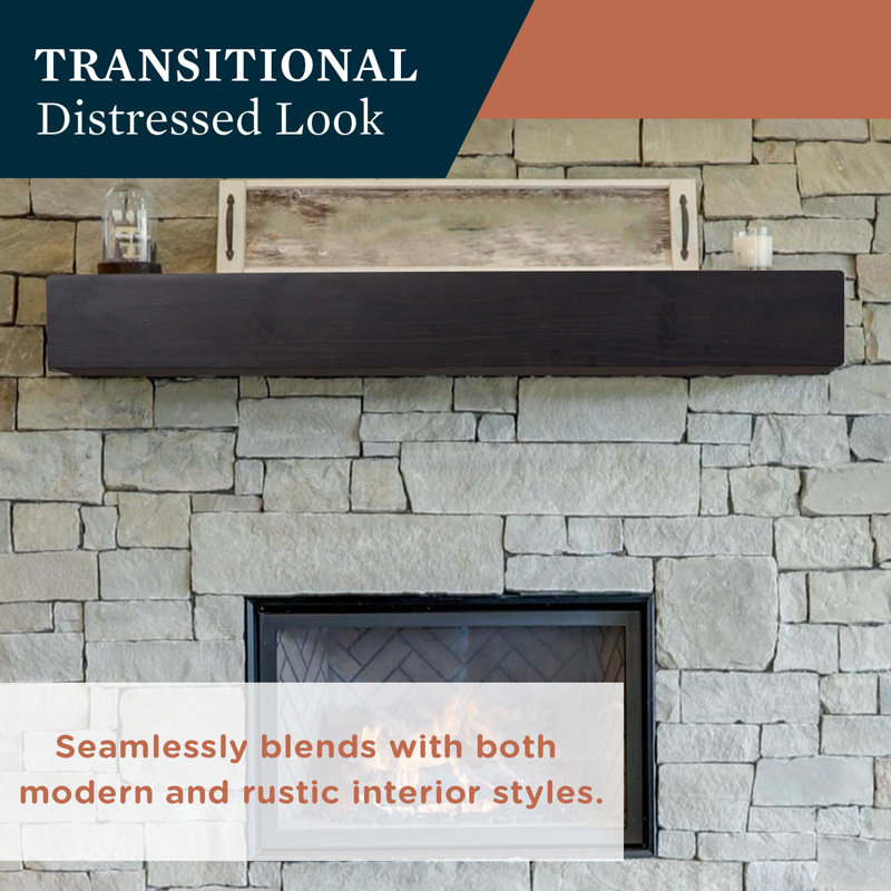 Dakota 48" Coffee Bean Stain Floating Pine Wood Fireplace Mantel Shelf with Hand-Distressing - Mounting Hardware Included