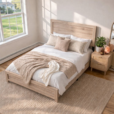 Queen Panel Bed Frame with Headboard and Footboard, Natural Wood Finish, Solid and Manufactured Wood Frame, Box Spring Required