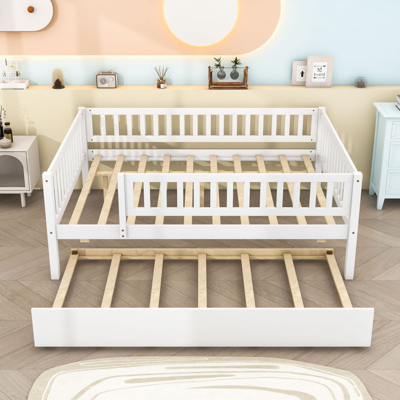 Wooden Daybed with Roll-Out Trundle and Safety Guardrails, White, Full / Double