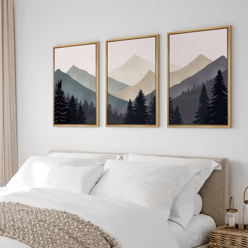 Sun Mountain Landscape "Abstract Neutral Forest Artwork, Simple Modern Minimalist Wall Pictures, Large Framed Canvas Giclee Print 3 Pieces Wall Art"