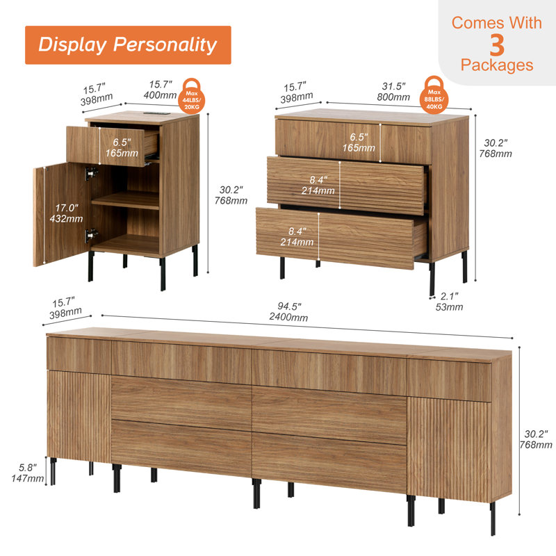 Armoire d'appoint 94,5 po à 8 tiroirs en bois 94,9 po avec design Reeded, Noyer