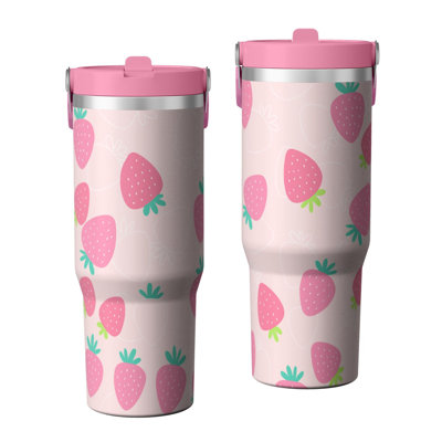 30 oz Tumbler  with Lid and handle  Stainless steel  Insulated tumblers  Cute water bottle with Flip(strawberry pattern)