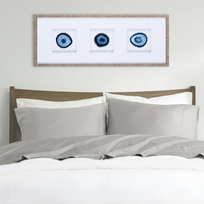 Real Stone Blue Agate - Double Matted Framed Wall Display 13x34 Artwork Hanging 34"w 13h
