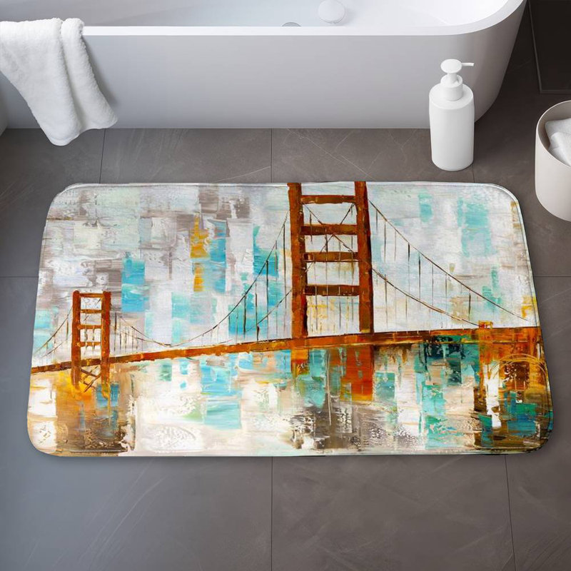 Golden gate with turquoise paint spots Bath Mat with Non-Slip Backing - Quick Dry Memory Foam Bathroom Rug - Absorbent - Modern Plush Spa-Style - Machine Washable