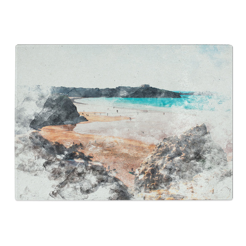 Tempered Glass Tolcarne Beach in Newquay Watercolour Chopping Board, 20 cm x 28.5 cm