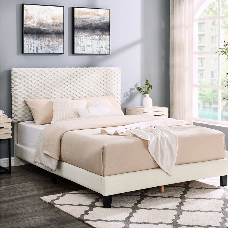 Lit double tapissier 3D en blanc - Tête de lit ajustable de style moderne sans sommier pour une bonne nuit de sommeil, Full