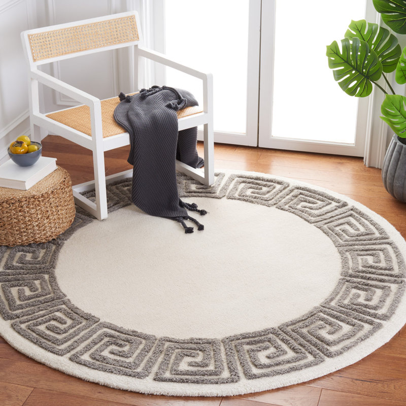 Dontravious Hand Tufted Wool/Cotton Geometric Rug in Gray/Ivory, Round 6'