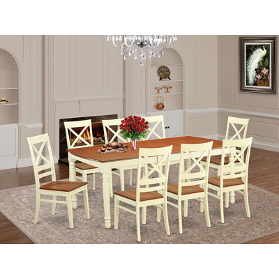 Cet ensemble de salle à manger 9 pièces comprend une table de salle à manger rectangulaire avec rallonge papillon et 8 chaises de cuisine, 42 po x 78 po, babeurre et cerise