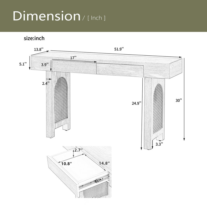 Console étroite avec décoration en rotin, table d'entrée avec tiroirs de rangement, Naturel