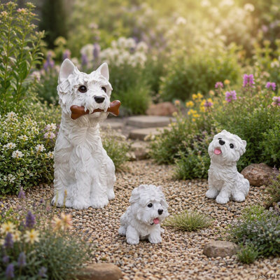 Ensemble de 3 statues de West Highland White Terrier en résine pour jardin, sculptures réalistes et résistantes aux intempéries, idéales pour la cour, la pelouse et la terrasse.