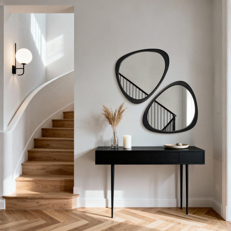 Miroir mural décoratif asymétrique, cadre en bois massif - Miroir Boho moderne pour vestibule ou meuble-lavabo, Noir mat