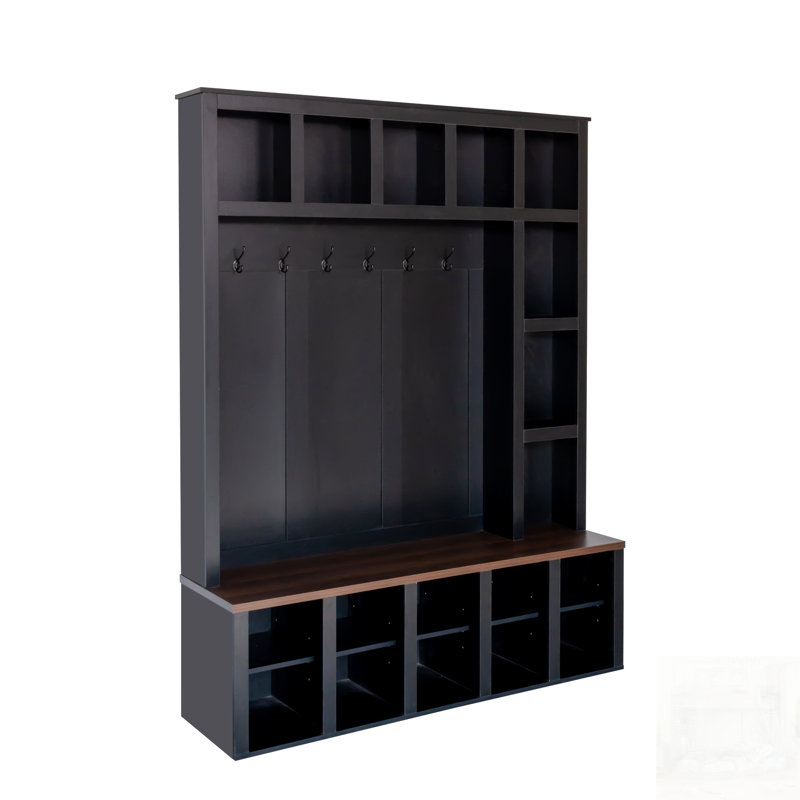 Farmhouse Wooden Hall Tree With 6 Hooks, Adjustable Shelves, And Storage Bench For Entryway Organization, Black/Dark Walnut