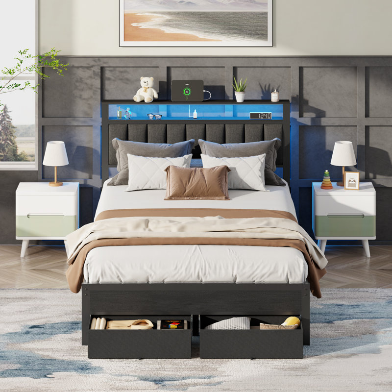 Upholstered Bed Frame with 2 Storage Drawers, Modern Full Platform Bed with Charging Station & LED Light, No Spring Box Needed