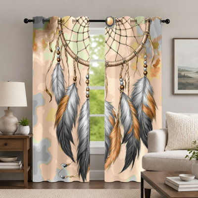 2Pcs Dreamcatcher Feather Print Curtains, Bohemian Style Window Drapes, Rustic Tribal Theme Art Grommet Panels, Window Treatment for Bedroom Living Room Decor