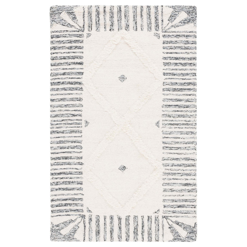 Abbeygail Hand Tufted Wool/Cotton Geometric Rug in Ivory/Black, Rectangle 3' x 5'