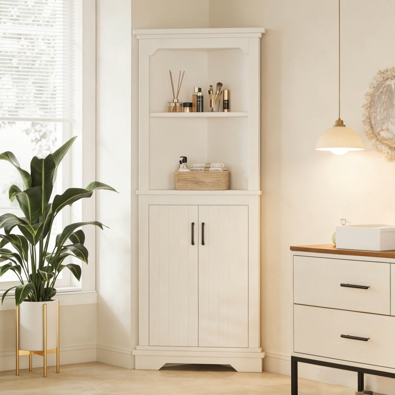 Tall Corner Cabinet With Doors For Living Room, Bathroom,Dining Room Or Kitchen,Beige