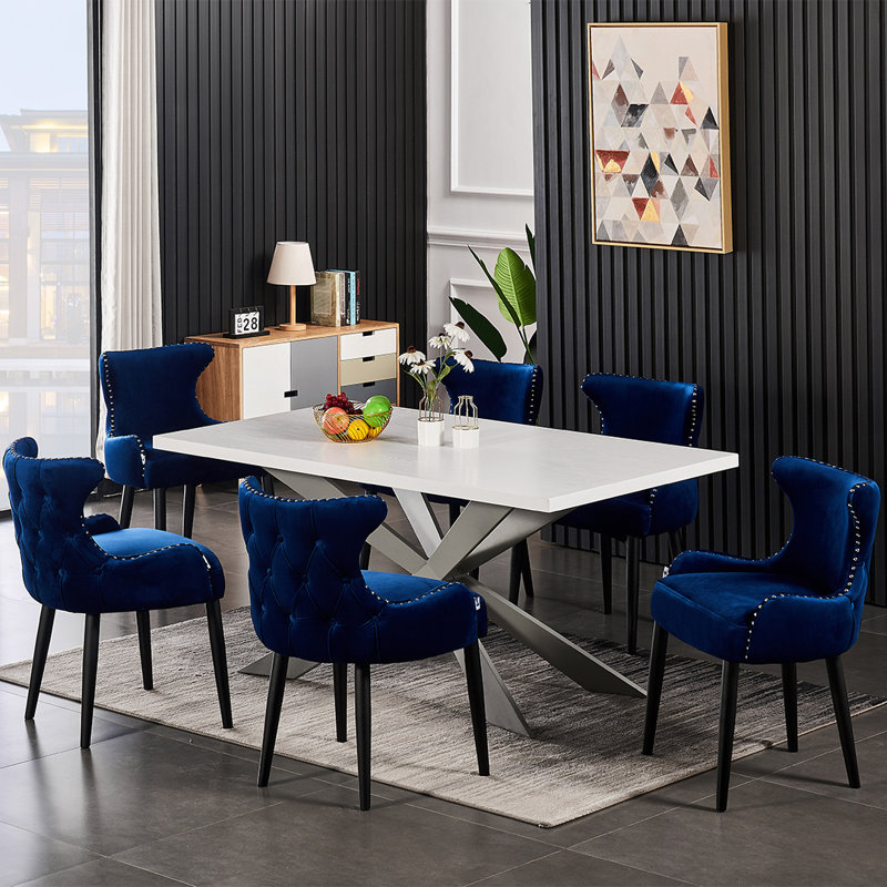 Ricky 6 Person Dining set - a Rectangular Wooden Dining Table with Metal Legs and a Set of 6 Quilted Velvet Dining Chairs for Dining Room - Modern Dining Table Set