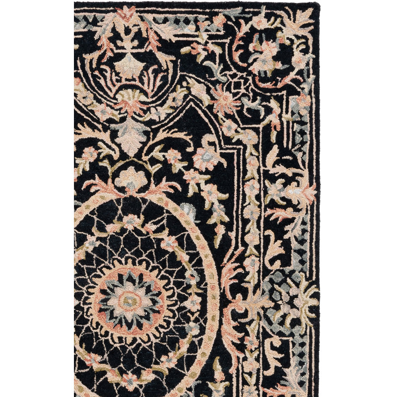Fredella Tufted Wool/Cotton Performance Oriental Rug in Black/Ivory, Rectangle 8' x 10'