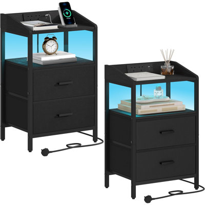 Bedside Table Set Of 2 With LED Lights And Charging Station, Bedside Cabinet With 2 Fabric Storage Drawers