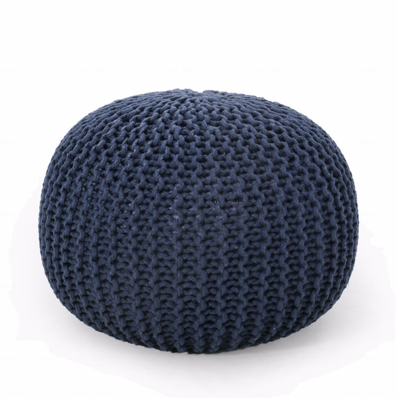 Cotton Upholstered Round Pouf Ottoman, Navy Blue