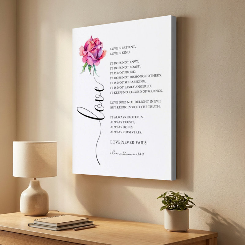 Rose rose avec inscription « Amour » - Impression d'art mural moderne sur toile tendue sur châssis, 91,4 cm (H) x 61 cm (L), prête à être accrochée