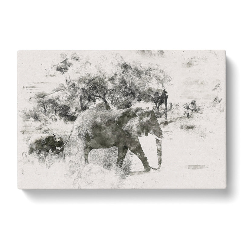 Mother & Baby Elephant Strolling Watercolour - Wrapped Canvas Graphic Art Print, 45cm H x 76cm W x 4cm D