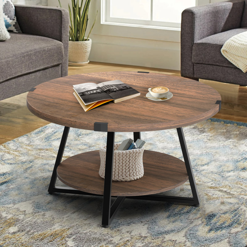 Jahaira Round Coffee Table with 2-Tier Storage Shelves, Dark Walnut