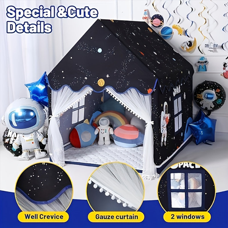 Tente Space Kids pour l'intérieur: avec tapis - Tente de jeu pour enfants - Jouets spatiaux - Décorations de chambre à coucher Fusée astronaute (noir)