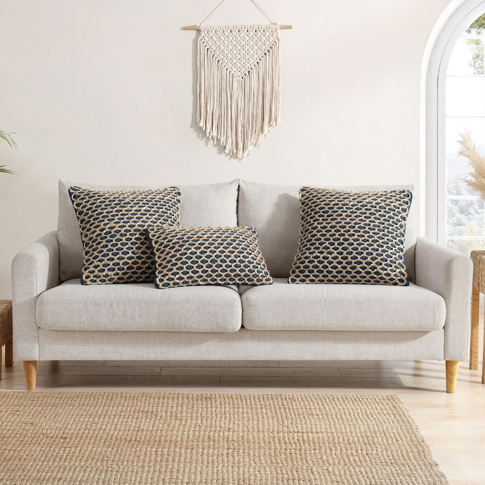 Ablo Textured Cotton Throw Pillow, Indigo/Natural, Square 18"