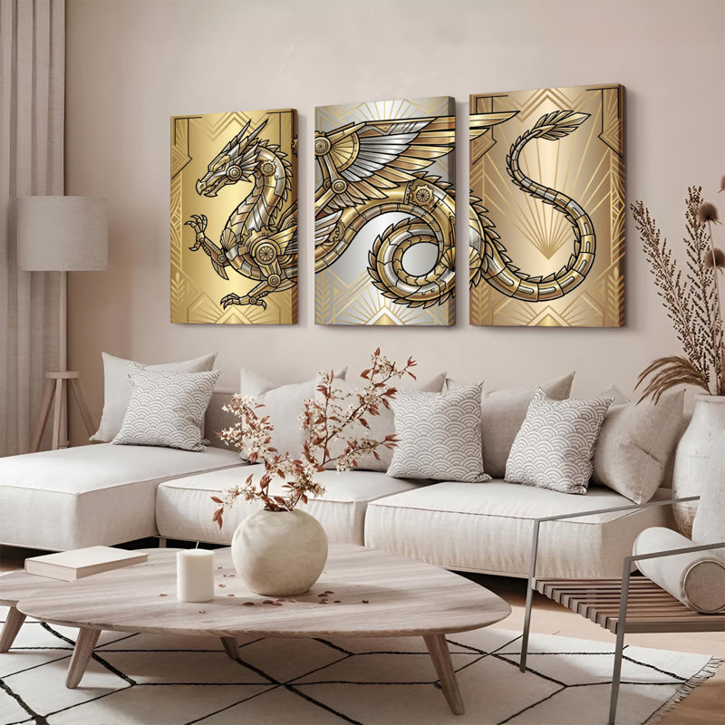 Ensemble de 3 tableaux muraux sur toile dorée représentant un dragon mécanique, H 18 po x l 36 po