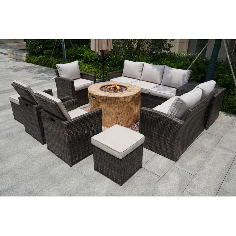 10 - Person Patio Conversation Set with Cushions, Beige, Brown