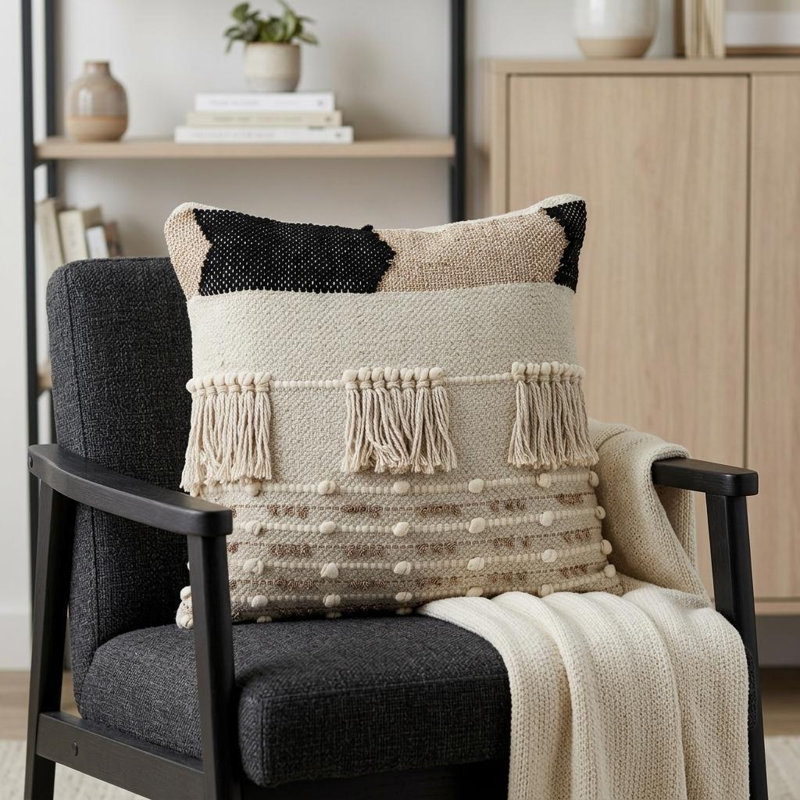 Coussin 18 "à rayures en mélange de coton beige et doré avec franges