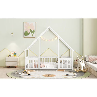Twin House-shaped Floor Bed With Fence And Guardrails, Made From Pine For A Restful Night Wood House Guardrails Fence, Provide Stable Sleeping Area