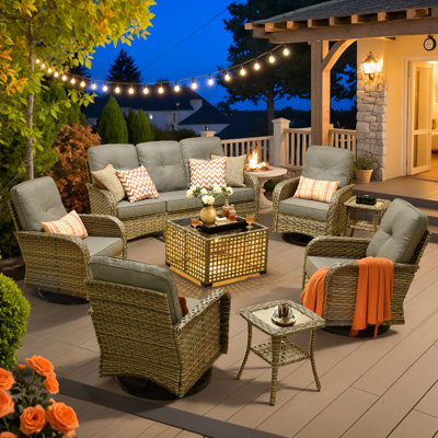 7- Person Patio Furniture Set With Swivel Rockers, Outdoor Wicker Rattan High Back Seating Group With Cushions, All Weather Sofa Conversation Set With by Lark Manor