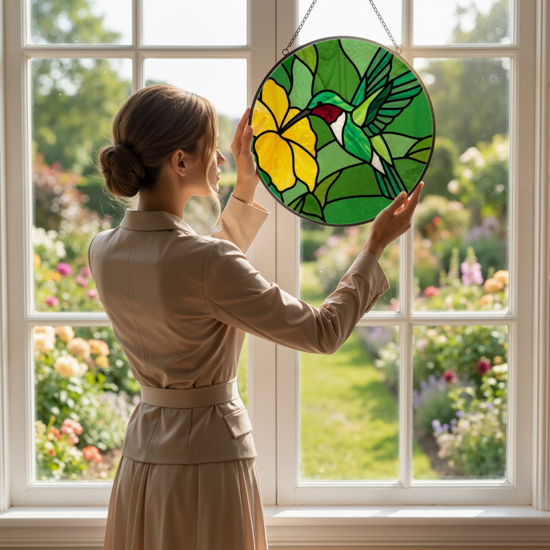 Vitrail de fenêtre en verre coloré 7,8 po Hummingbird, H 7,8 po x l 7,8 po