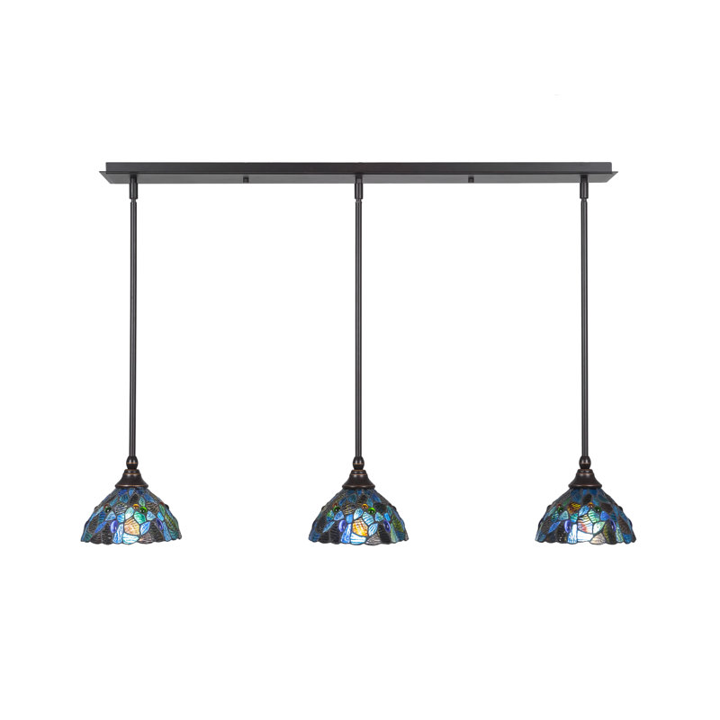 3 Light Stem Hung Linear Pendalier Shown With 7" Blue Mosaic Art Glass, Dark Granite