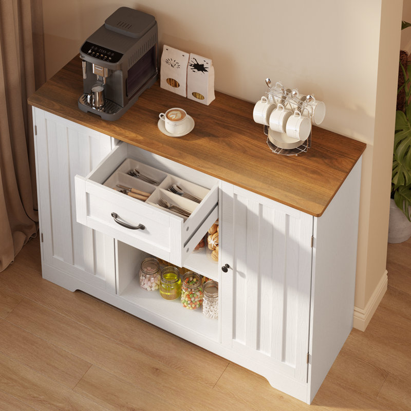 45.7''W  3 Drawer Sideboard with Pantry Doors, Adjustable Shelves and Large Drawer, Brown/White