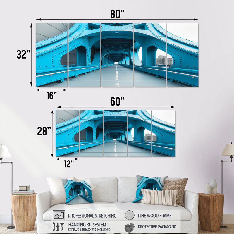 «Blue White River Ramp Walkway Bridges», ensemble d'art mural sur toile, H 32 po x l 80 po