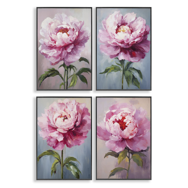  "Flush Pink Florals", ensemble de 4 giclées par Petal Prints Design, H 18 po x l 12 po, Giclée encadrée noir minuit