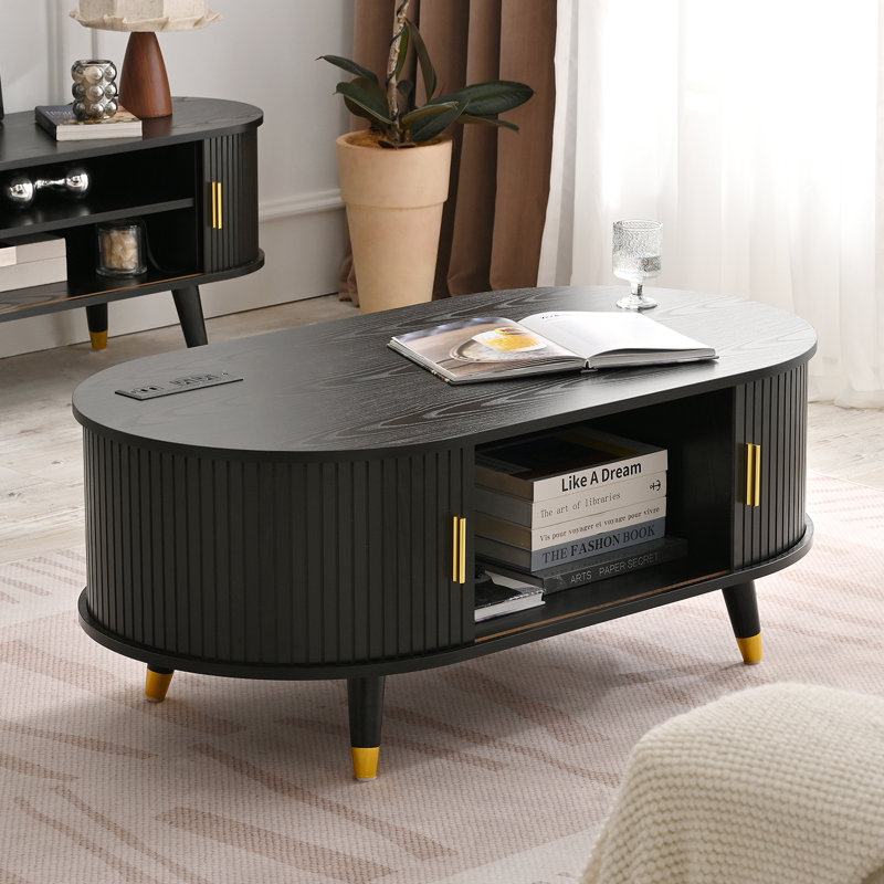 Coffee Table With Charging Station,Sliding Tambour Door & Storage, Black