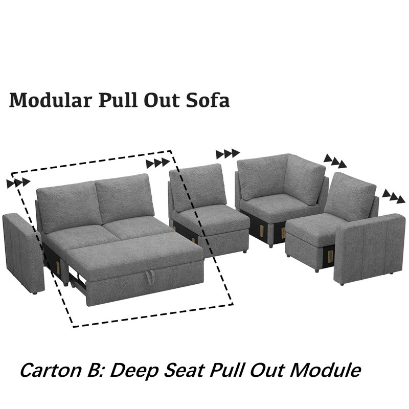 Rafael Armless Pullout Sleeper Sofa Module, Light Gray Chenille