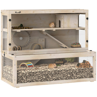 3 Tier Wooden Hamster Cage with Hut Wheel Ramps 100 x 50 x 84 cm