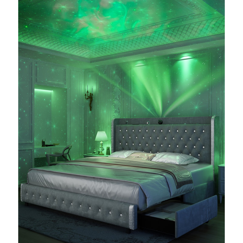 Bed Frame With Starry Lights, Crystal Button Tufted Headboard, 4 Dustproof Storage Drawers, Full