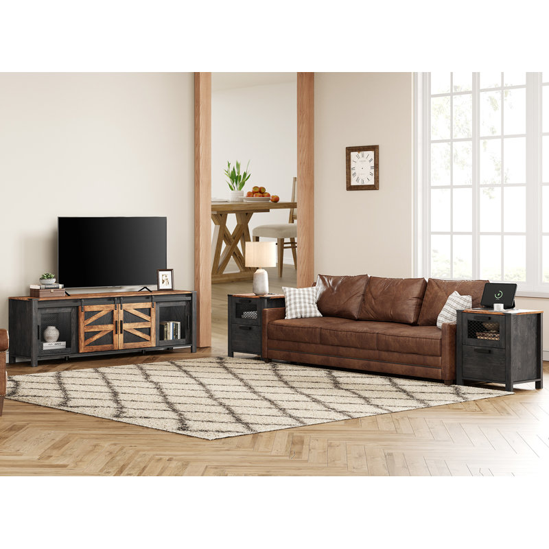 Ensemble de salon avec meuble télé et table de bout avec station de charge, noir