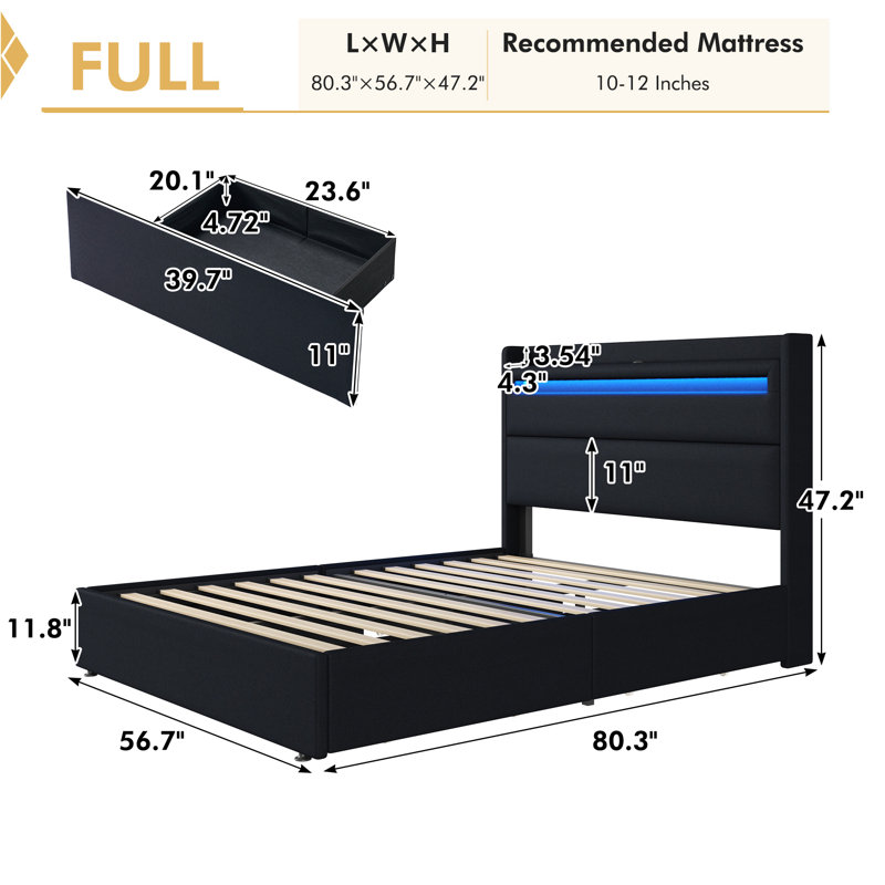 Berneil Upholstered Full Bed Frame with RGBW LED Lights Headboard & 4 Storage Drawers, Black, Full, Black